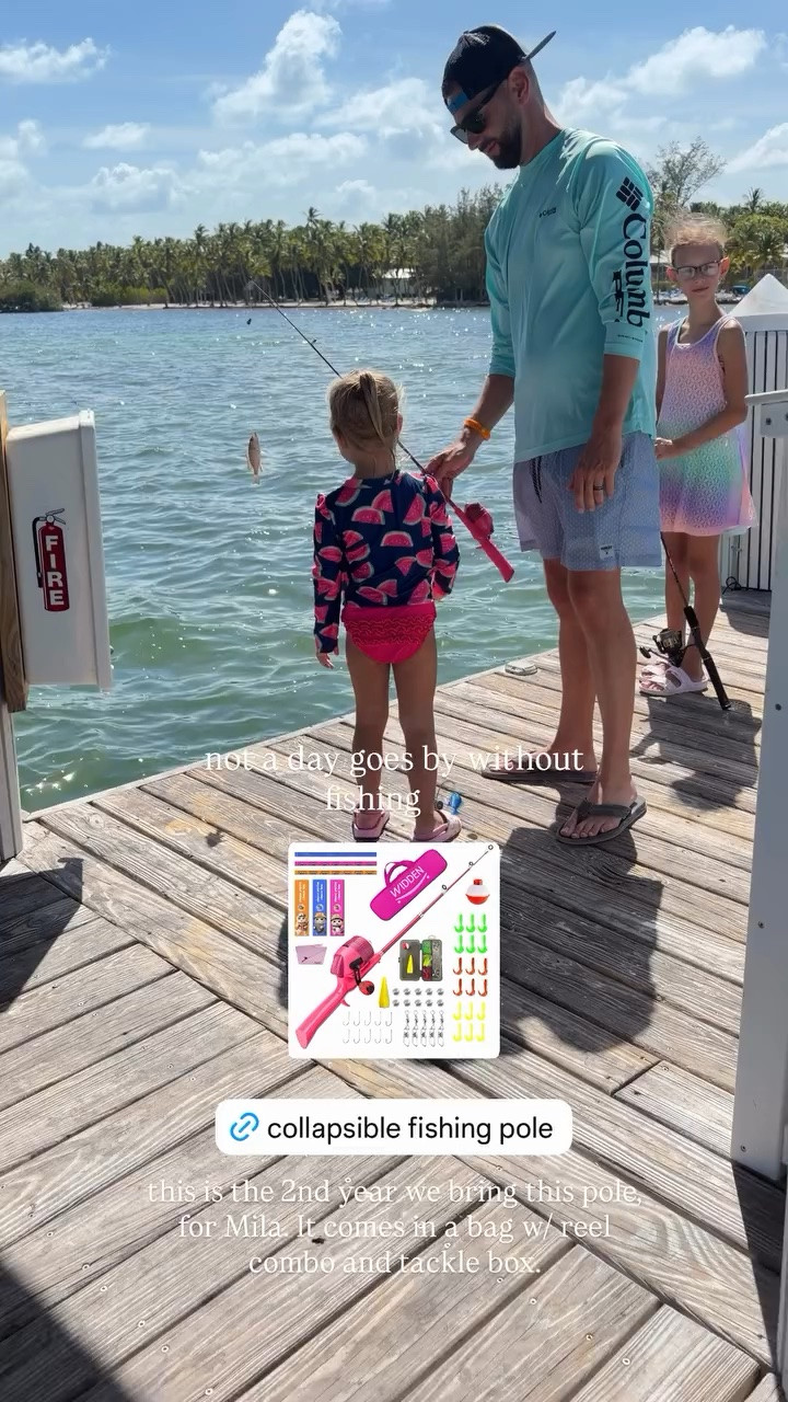 not a day goes by without fishing 🎣  this is the 2nd year we bring this pole, for Mila. It comes in a bag w/ reel combo and tackle box.