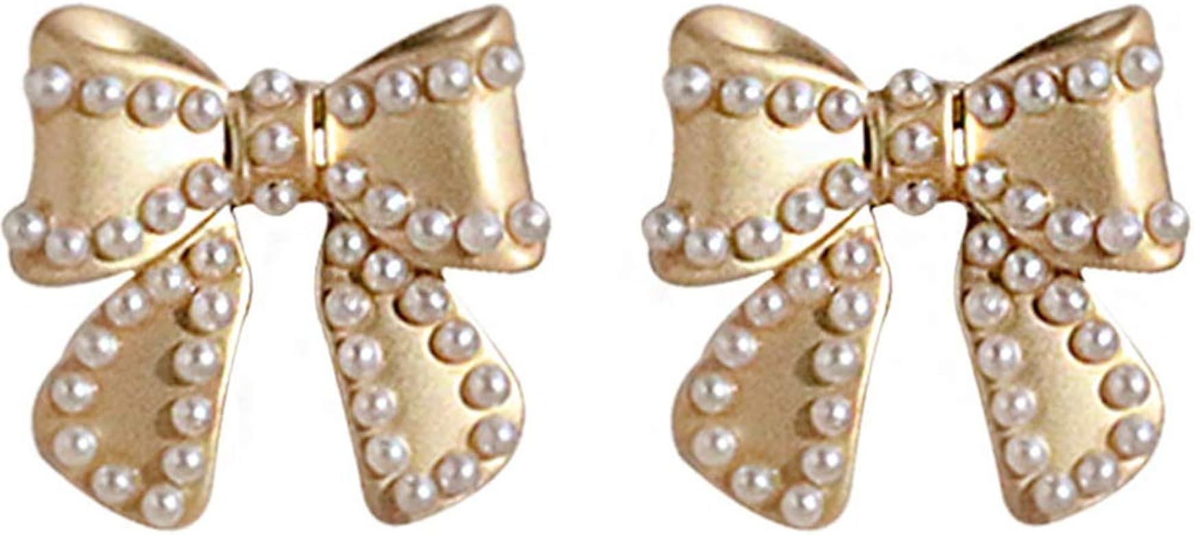 14K Gold Plated Bow Knot Stud Earrings Sterling Silver Pins Dainty Pearl Ball Bead Butterfly Small W | Amazon (US)