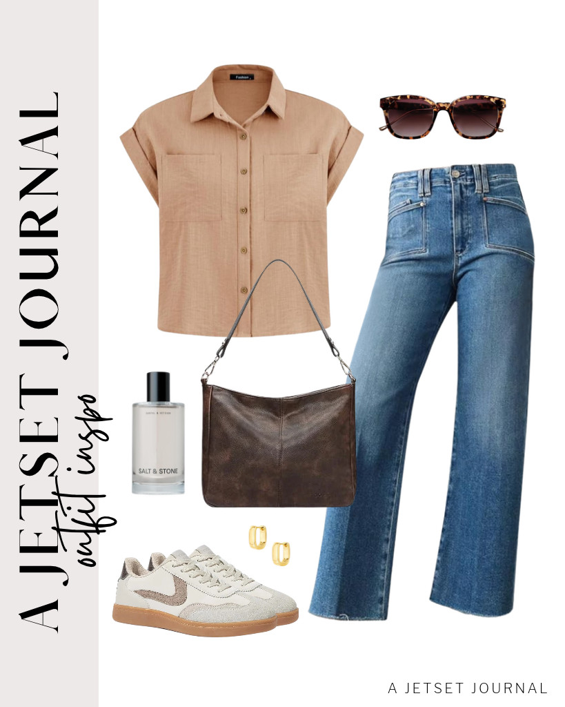 Start with this khaki button-down shirt from PRETTYGARDEN, paired with Astylish wide-leg jeans. This fit is perfect for LUCKY STEP fashion sneakers and this shoulder bag. Spray this Salt & Stone Signature Duo and wear these chunky hoop earrings to finish the fit. 

 #LTKSeasonal #LTKSaleAlert #LTKTravel
