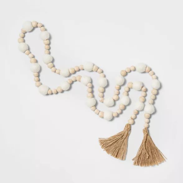 6ft Wood Beaded Garland with Gold Tassels White/Natural - Wondershop™ | Target