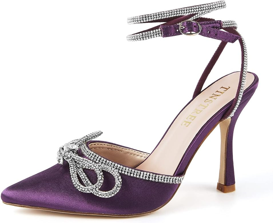 TINSTREE Women's Rhinestone Ankle Strap Heeled Sandals Satin Pointy Toe Stilettos High Heels Pump... | Amazon (US)