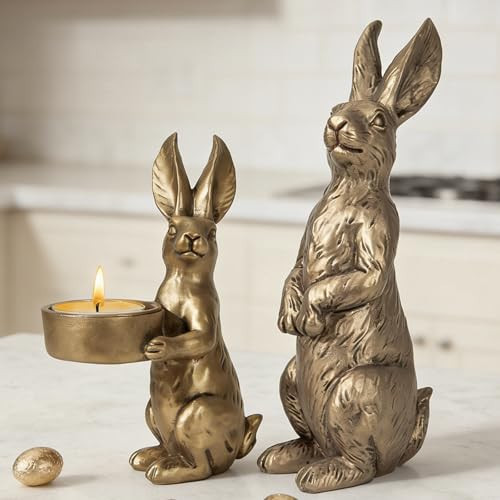 DN DECONATION Golden Easter Bunny Figurines Set of 2, Gilded Resin Rabbit Statue with Tealight Holder, Vintage Luxury Home Decor Centerpiece, Elegant Table Decor for Weddings and Easter Gifts | Amazon (US)