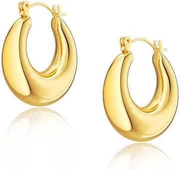 Chunky Gold Hoop Earrings for Women, 14k Gold Plated Thick Triple Hoop Earrings Hypoallergenic Tr... | Amazon (US)