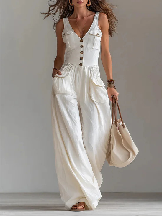 Urban Buttoned Pockets Plain V Neck Jumpsuit | Stylewe