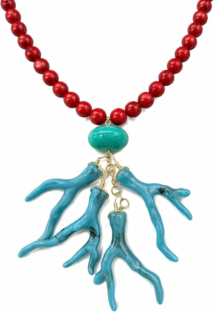 Boho Coral Turquoise Pendant Necklaces for Women, Vintage Hypoallergenic Long Red Beaded Summer B... | Amazon (US)