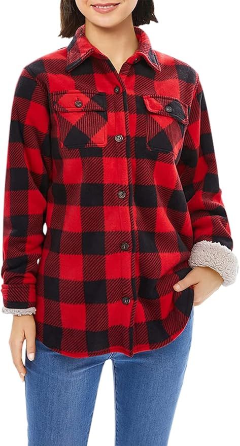 Womens Sherpa Fleece Lined Flannel Shirt Jacket Warm Button Up Plaid Shirt Jac (Sherpa Fleece Thr... | Amazon (US)