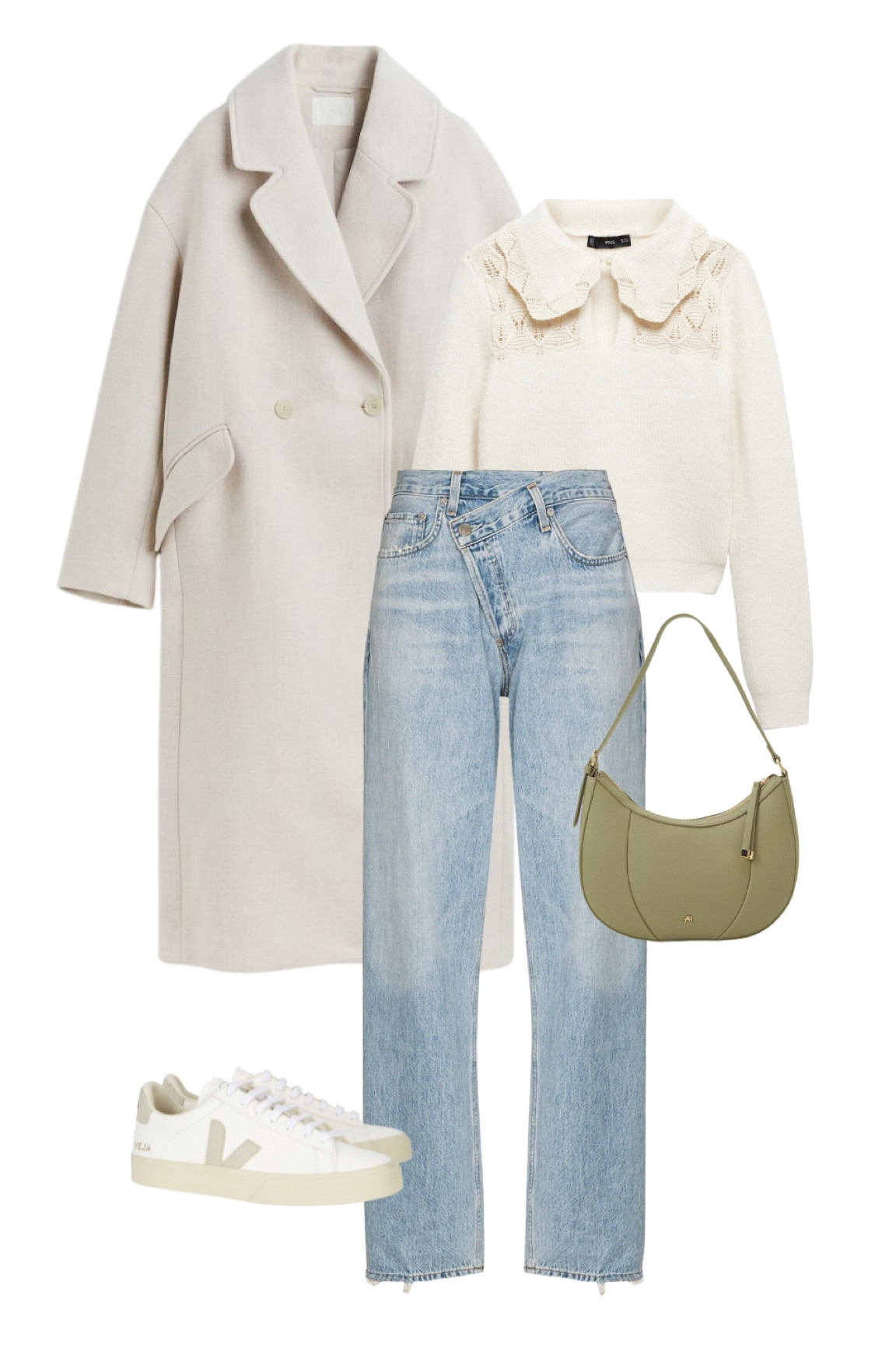 Cute outfit inspo for Friday - a beige coat, preppy knit sweater, criss cross jeans, veja sneak and a green bag

#LTKshoecrush #LTKeurope #LTKstyletip