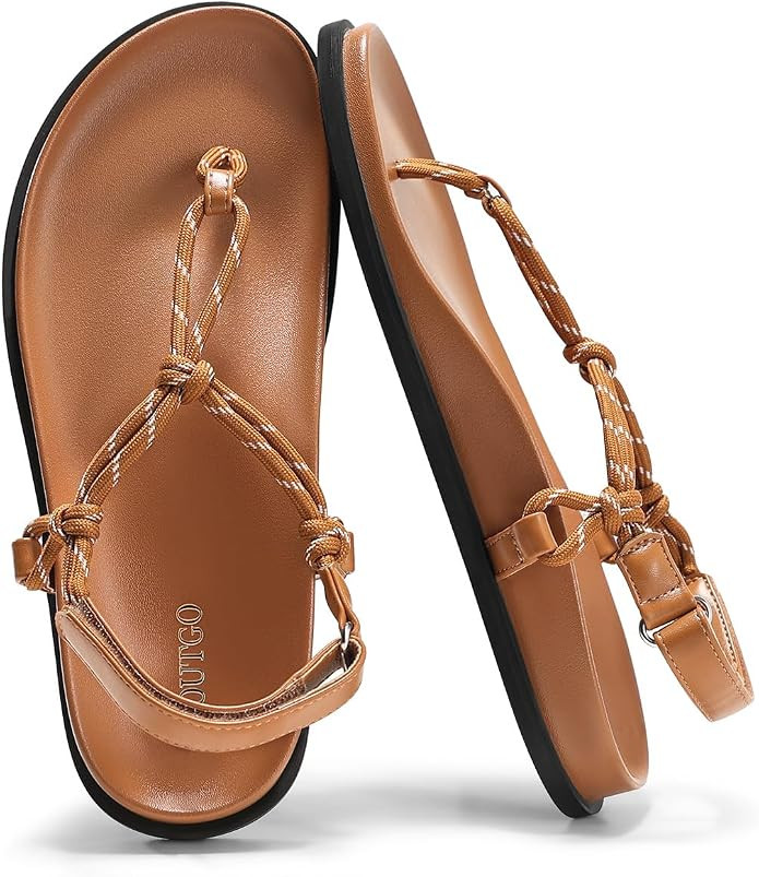 Coutgo Womens T Strap Flat Sandals Open Toe Flip Flops Adjustable Ankle Strap Summer Beach Thong ... | Amazon (US)