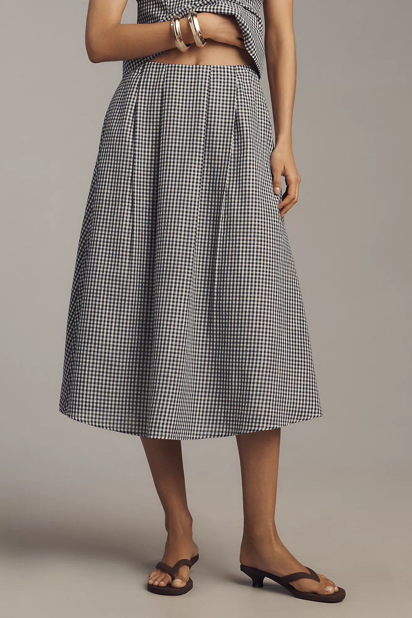 Elodie The Label Petite Britney Linen Blend Gingham Midi Skirt | Anthropologie (US)
