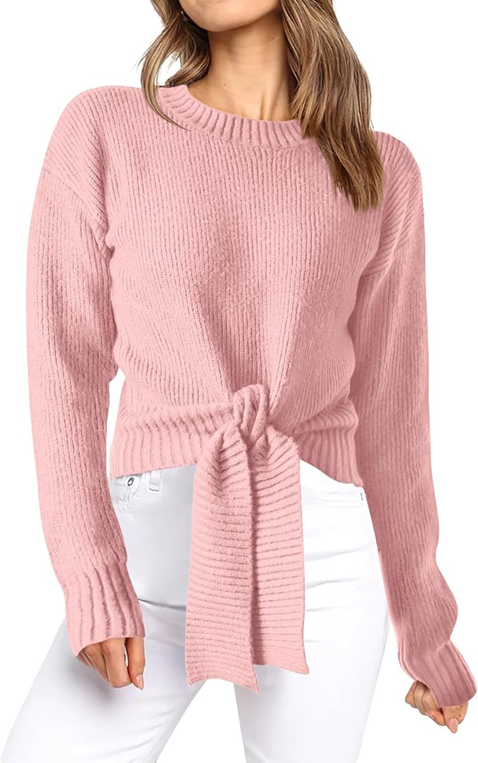 Okiwam Women's Long Sleeve Cropped Sweaters Casual Knit Pullover Tie Front Crew Neck Fall Outfits... | Amazon (US)