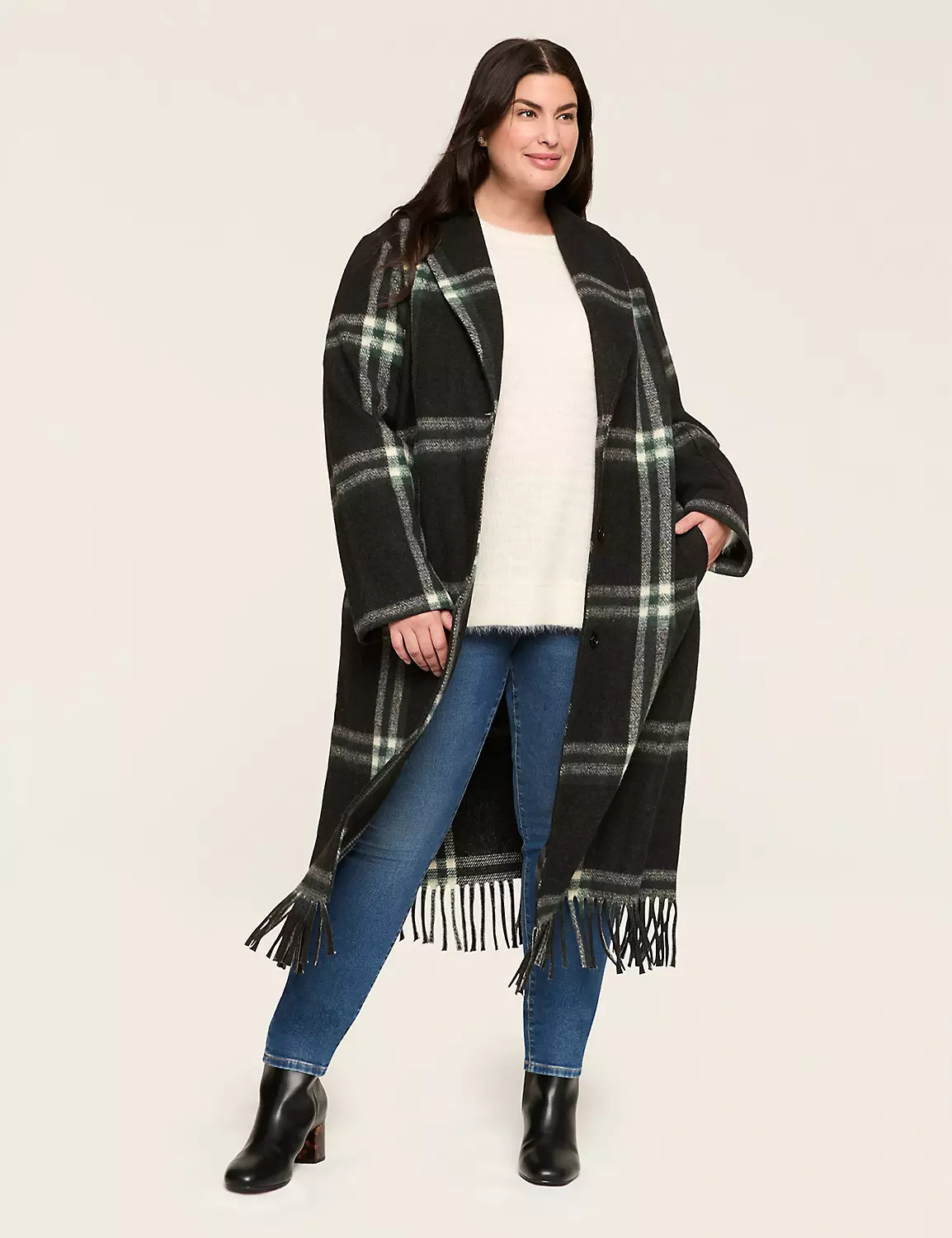 Faux-Wool Fringe-Hem Plaid Coat | Lane Bryant (US)