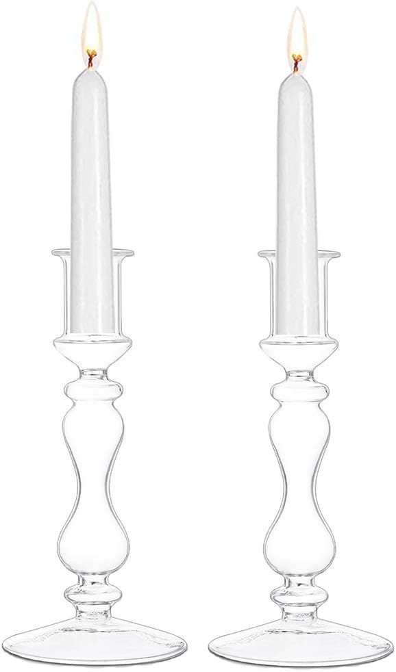 Glass Taper Candle Holders 2Pcs Wide Base Candlestick Holder Christmas, Halloween Centerpieces Ta... | Amazon (US)