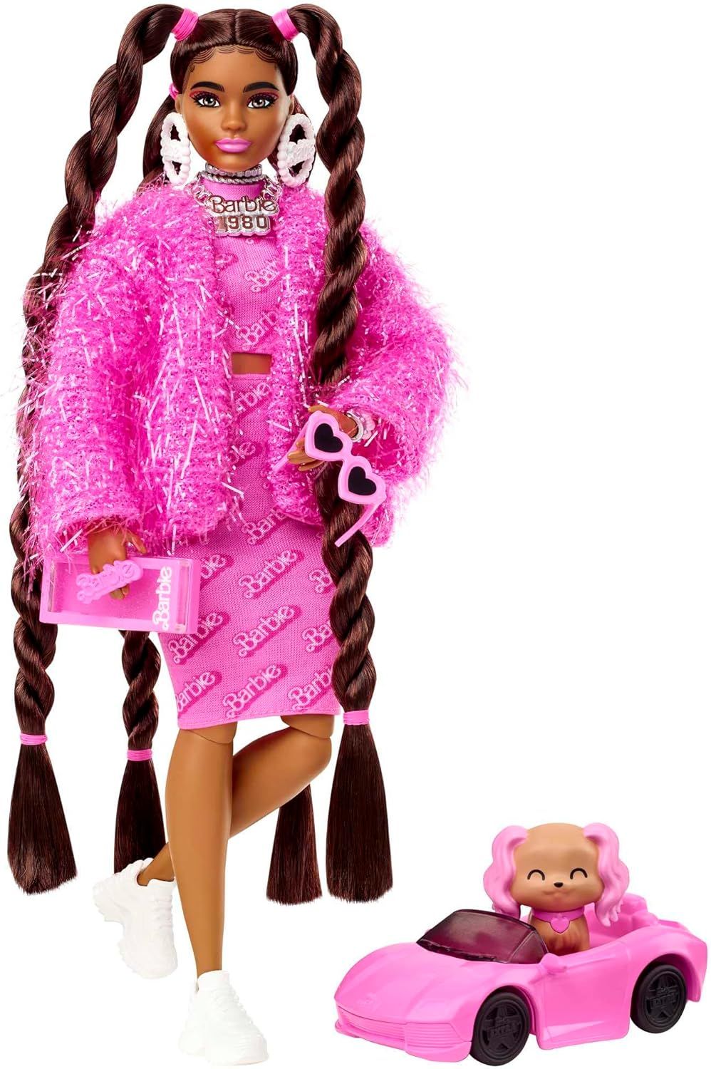 Barbie Extra Doll & Accessories with Long Brunette Styled Hair in Pink 2-Piece Outfit with Sparkl... | Amazon (US)