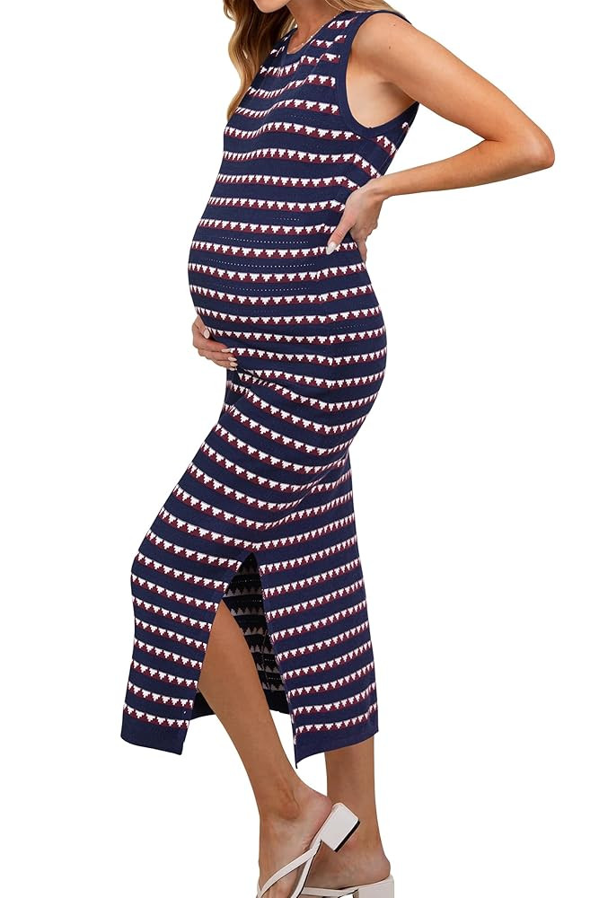 OUGES Vestido de maternidad de verano 2025 para mujer, de punto, sin mangas, cuello redondo, vest... | Amazon (US)