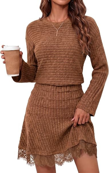 Wenrine Womens Sweater Mini Dress Fall Long Sleeve Ribbed Knit Dresses | Amazon (US)