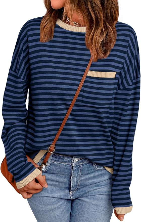 LILLUSORY Womens Striped Soft Knit Pullover Sweater Loose Fit Shirts with Chest Pocket | Amazon (US)