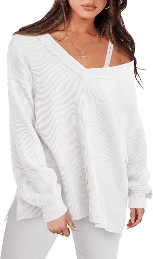 Women V Neck Off Shoulder Long Sleeve Shirt Oversized with Knit Pullover Sweatshirt Loose High Lo... | Amazon (US)