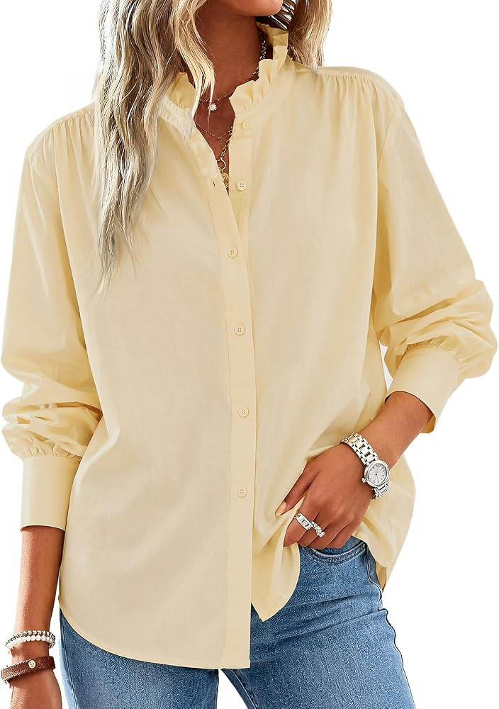 Cicy Bell Womens Oversized Button Down Shirts Long Sleeve Ruffle Collar Top | Amazon (US)
