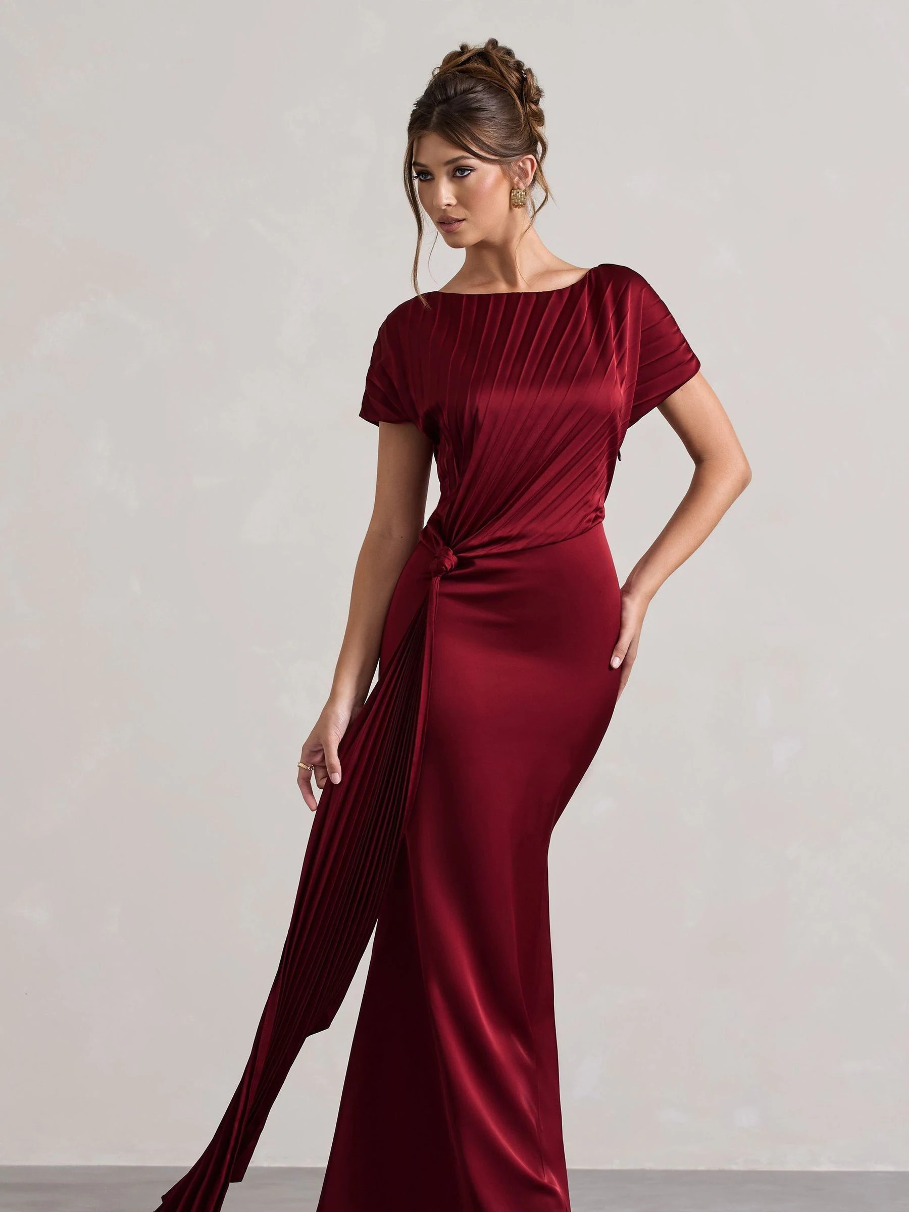 Club L London Club L London Red Ambrosia Satin Pleated Maxi Dress With Drape | Next US