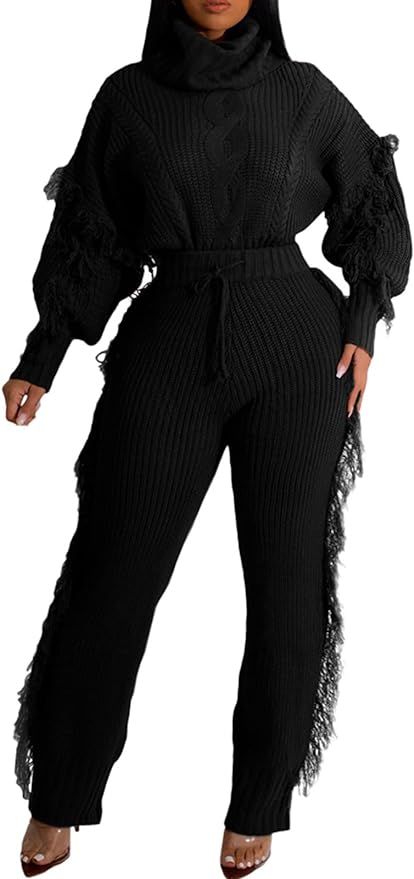 KANSOON Sweater Sets Women 2 Piece Outfits Knit Tassels Long Puff Sleeves Sweaters Top Bodycon Pa... | Amazon (US)