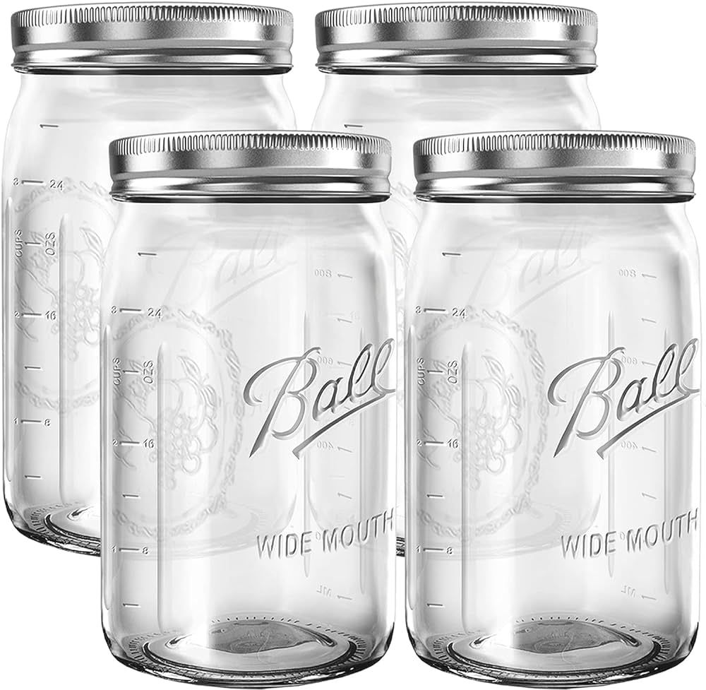 Wide Mouth Mason Jars 32 oz - (4 Pack) Ball Quart With Airtight lids and Bands For Canning, Ferme... | Amazon (US)