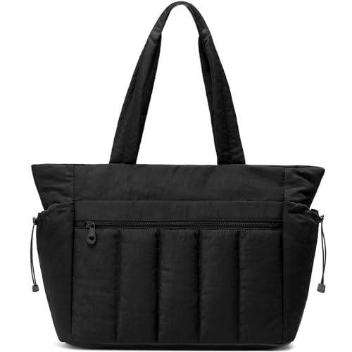 Tote Bag for Women, Lightweight Puffer Tote Bag with Compartments, Quilted Shoulder Bag Handbag with Zipper for Work Black | Amazon (US)