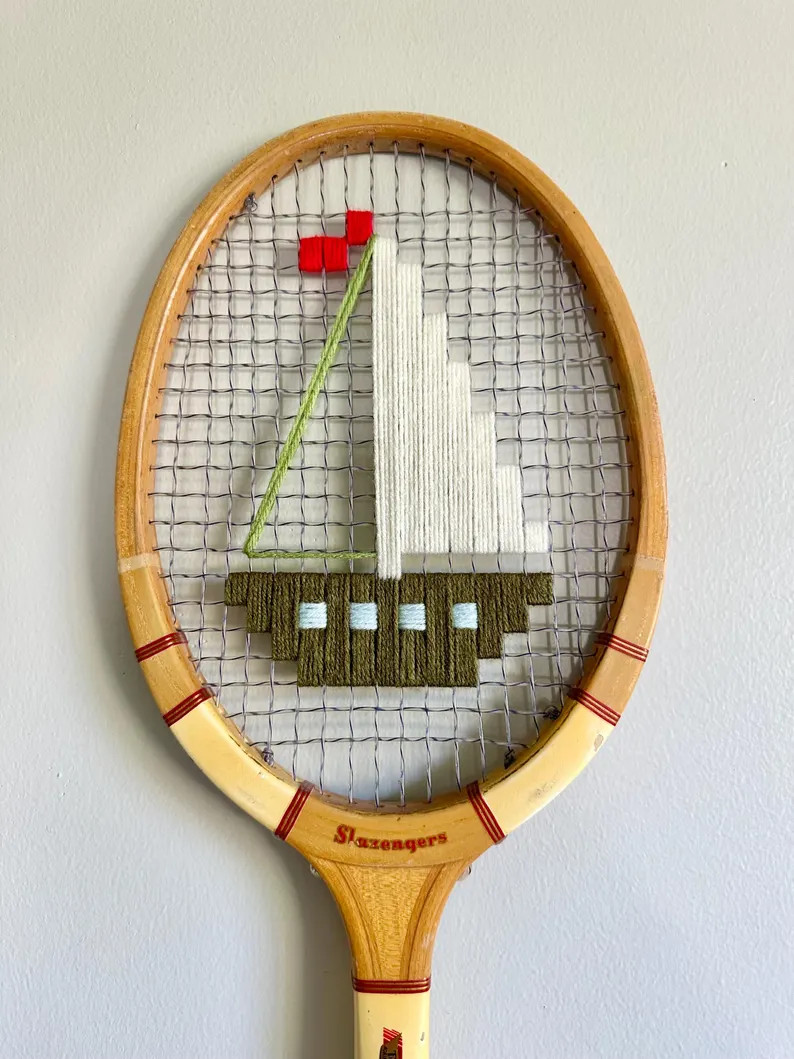 Ivory Sailboat Embroidered Vintage Tennis Racket \u2013 Coastal Wall Art | Etsy (Global)