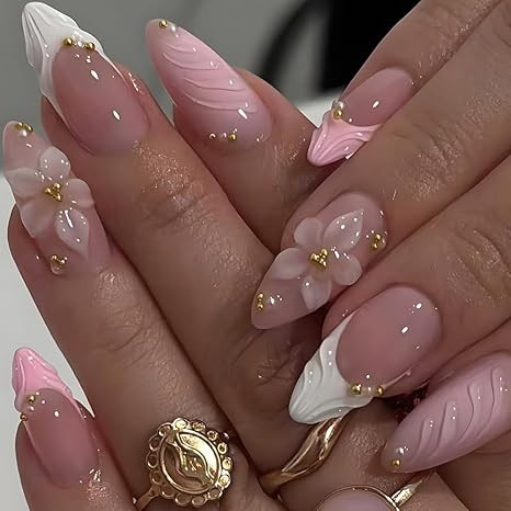LPOODDNU 3D Pink Press on Nails Almond - Medium French Tip Fake Nails with Embossed Flower&Gold B... | Amazon (US)