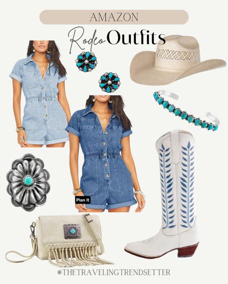 Amazon rodeo outfits - how to style a denim romper / straw cowboy hat - turquoise earrings - turquoise ring - fringe purse - cowgirl boots - turquoise bracelet western fashion rodeo outfit country concert outfit 

#LTKfindsunder50 #LTKstyletip #LTKfindsunder100