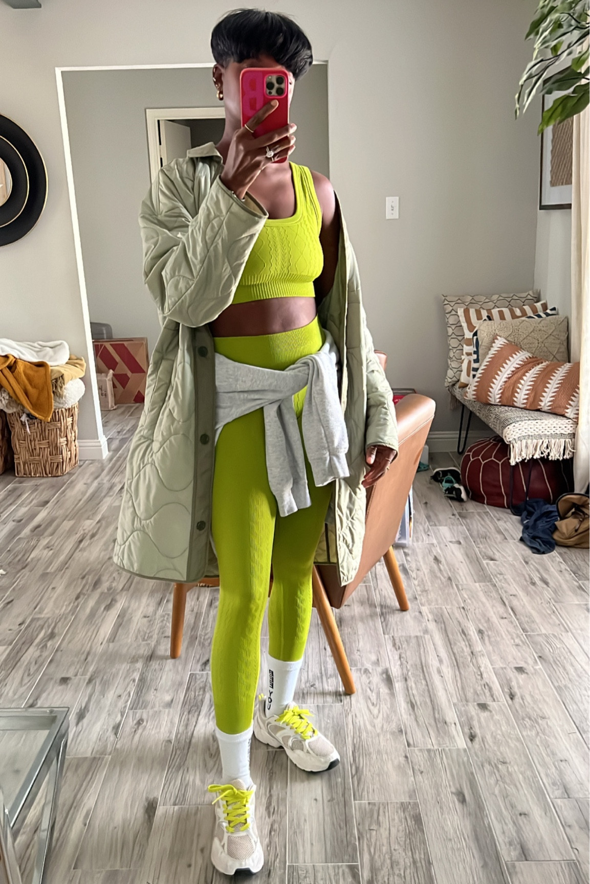 Pear green cable knit workout out set from Joy lab. I’m wearing a medium in both. Gray Crewneck sweatshirt, white sneakers and long green quilted jacket. Great travel day outfit  

#LTKunder100 #LTKSeasonal #LTKtravel