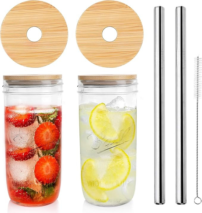 Mason Jar with Lids and Straws, 24 OZ Wide Mouth Mason Jar Drinking Glasses, Set of 2 Mason Jar C... | Amazon (US)