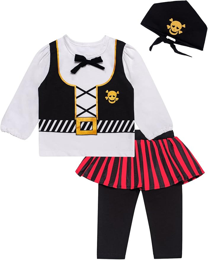 Auggle Toddler Baby Girl Outfits Halloween Costume Kid Pirate Stripe Skirt with Head Scarf | Amazon (US)
