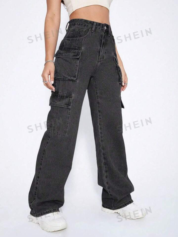 SHEIN EZwear Women Y2k Black High Waist Flap Pocket Cargo Jeans | SHEIN USA | SHEIN