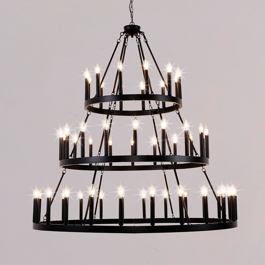 53 Inch Extra Large Black Wagon Wheel Chandelier, 3 Tier 54-Lights Farmhouse Pendant Light Fixtur... | Amazon (US)