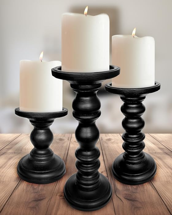 Satin Black Candle Holders for Pillar Candles (Set of 3) Tall Large Rustic Pillar Candlestick Sta... | Amazon (US)