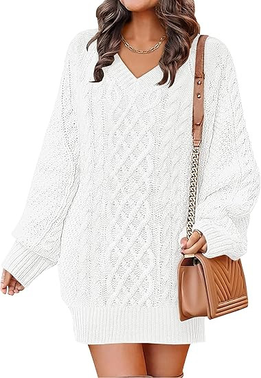 ANRABESS Womens Long Sleeve V Neck Oversized Cable Knit Mini Sweater Dresses 2025 Winter Fall Tre... | Amazon (US)