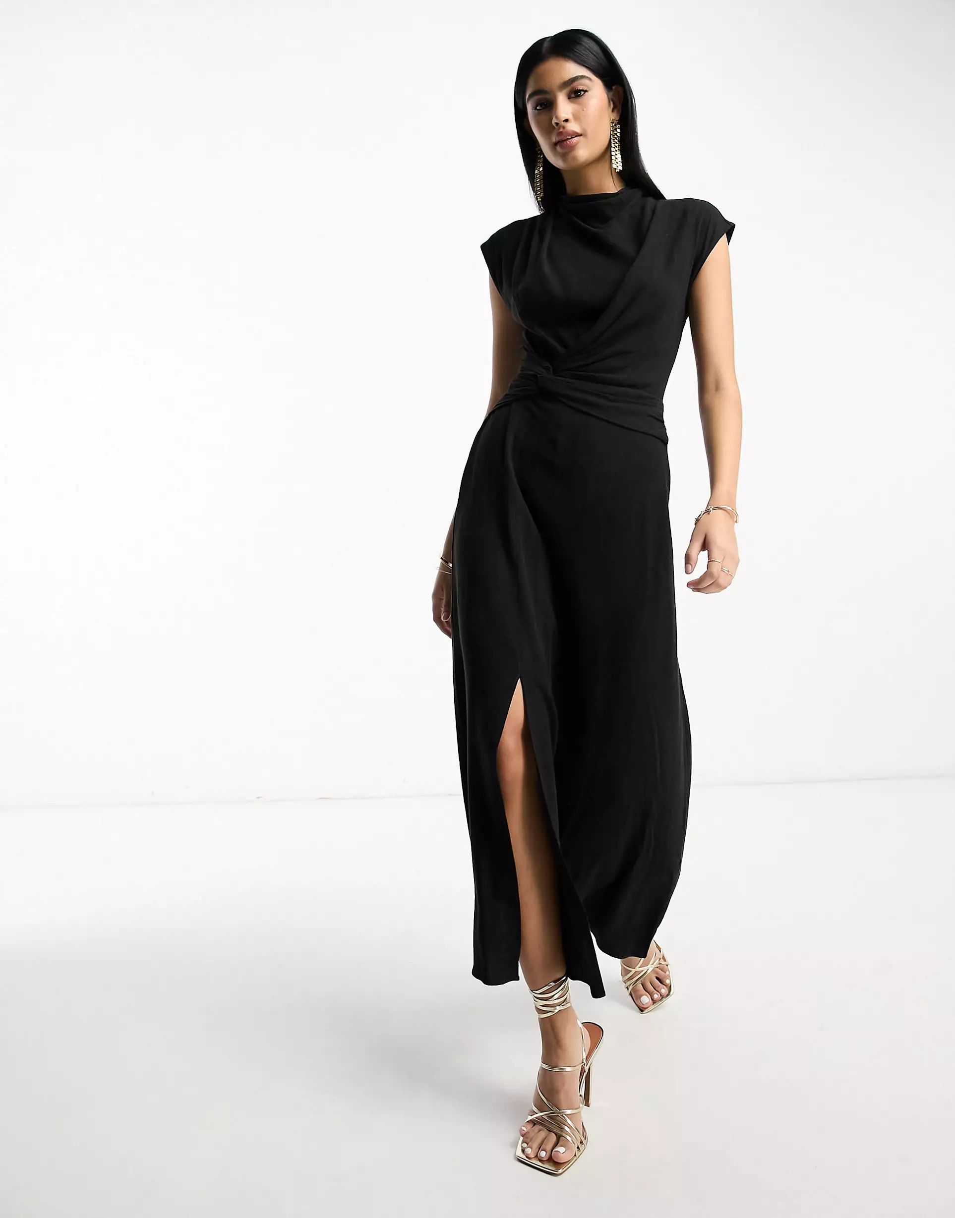 ASOS DESIGN linen high neck twist front midi dress in black | ASOS (Global)