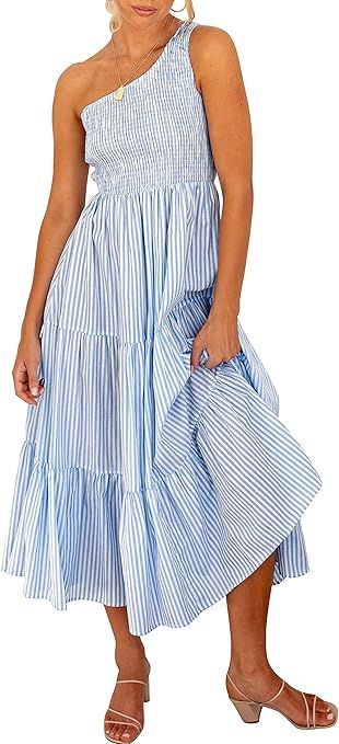 ANRABESS Women's Boho Summer Printed One Shoulder Sleeveless Smocked Flowy Tiered Beach Party Max... | Amazon (US)