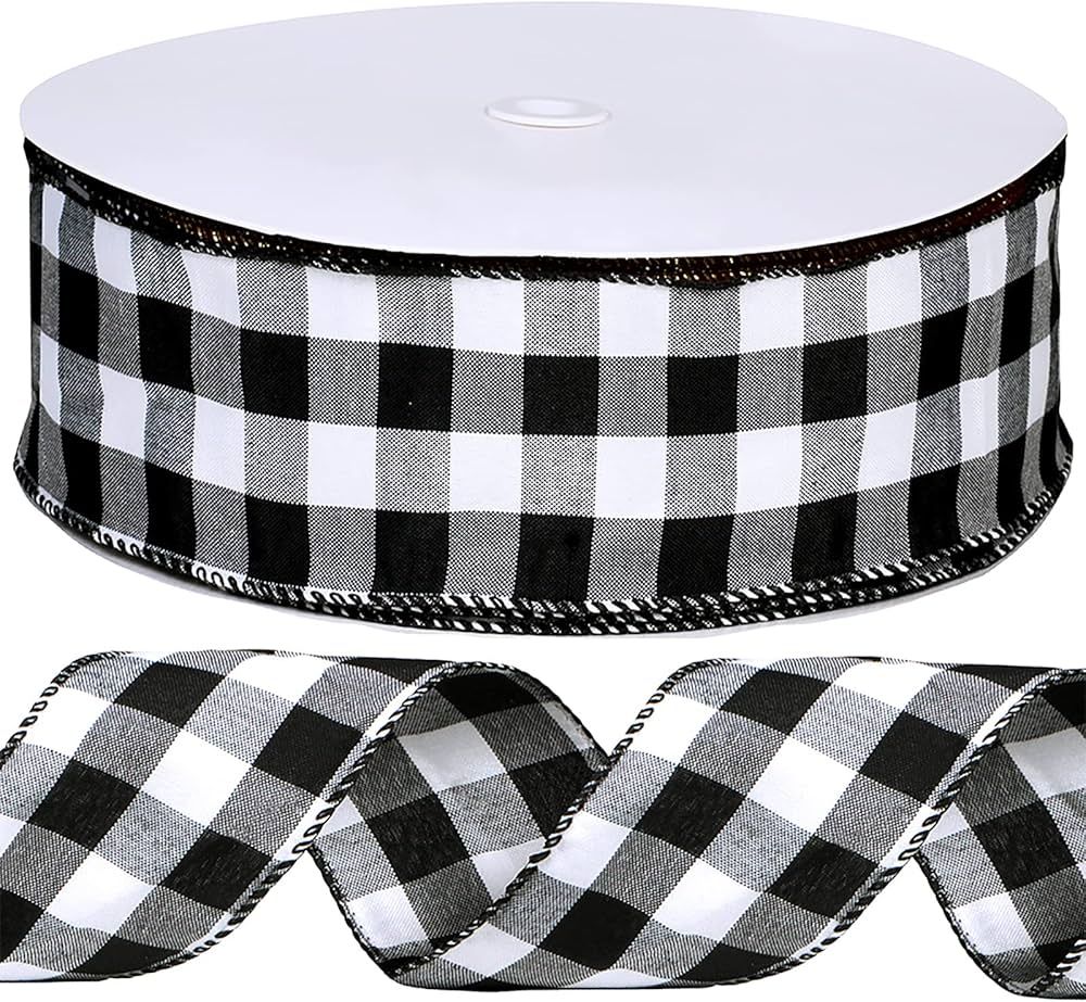 Amazon.com: Winlyn 50 Yards Black and White Buffalo Check Plaid Wired Ribbon Gingham Ribbon 2.5" ... | Amazon (US)