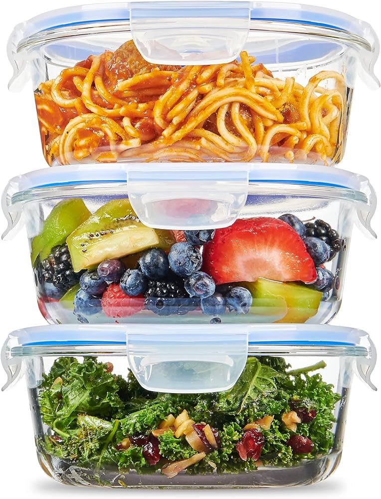 Superior Glass Meal-Prep Pasta Containers - 3-pack (32oz) Newly Innovated Hinged BPA-Free Locking... | Amazon (US)