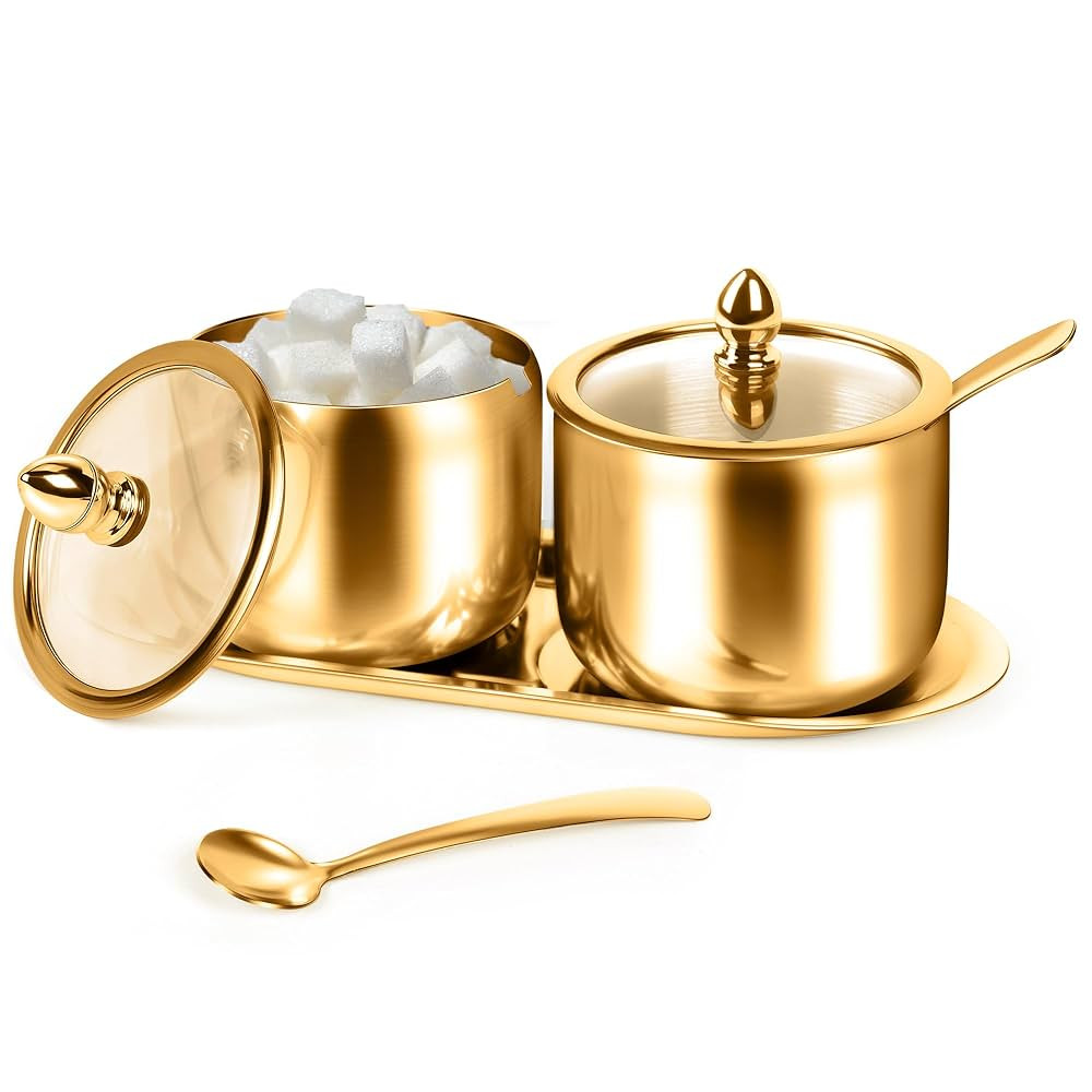 2 Pcs Coffee and Sugar Dispenser with Tray - 10 oz Sugar Bowl with Glass Lid and Spoon for Coffee... | Amazon (US)