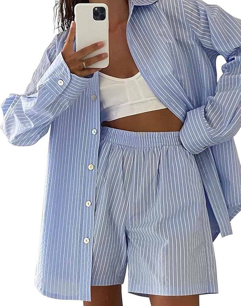 Ulekuke Womens 2 Piece Outfits Casual Loungewear Sets Stripe Long Sleeve Shirt And Loose High Waiste | Amazon (US)