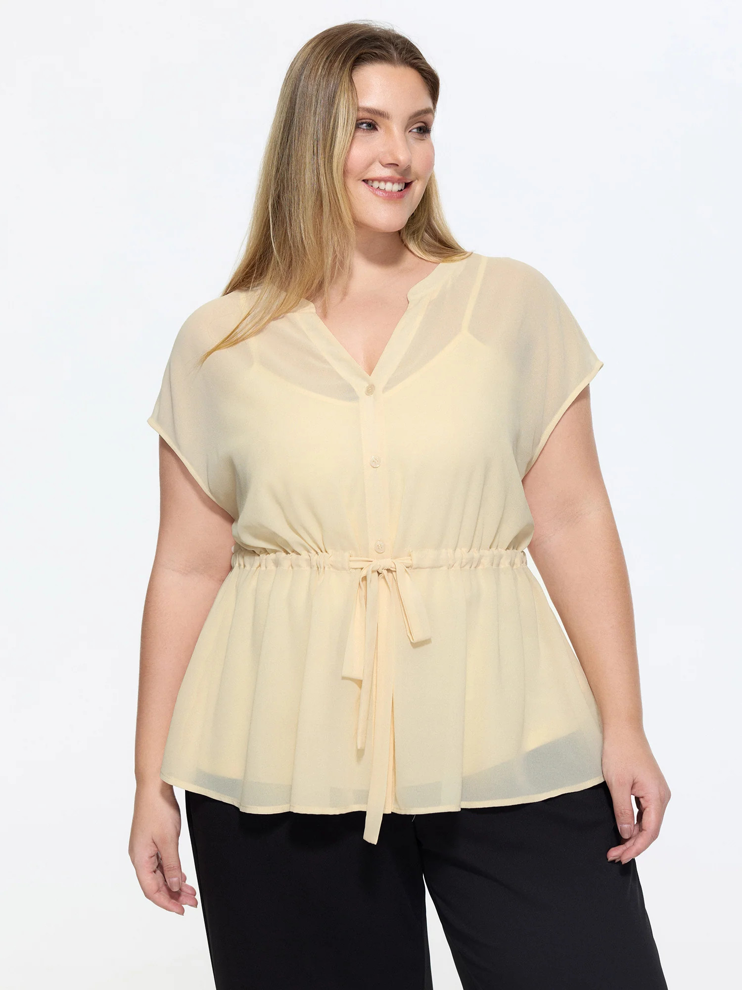 Sheer Drawstring Waist Notched Collar Blouse | Bloomchic