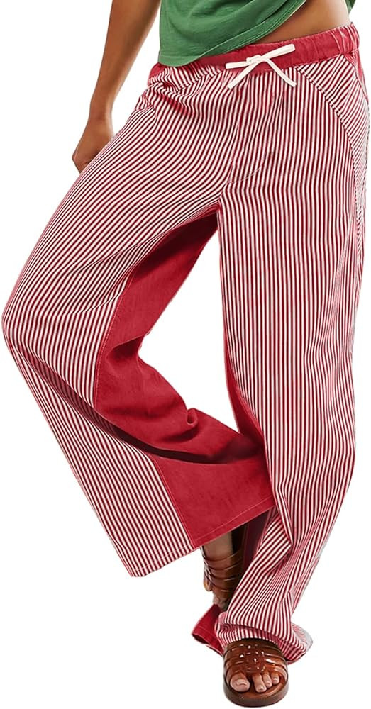 Arssm Women Y2k Striped Wide Leg Pants Baggy Drawstring Jeans Trendy Low Rise Casual Cotton Trous... | Amazon (US)