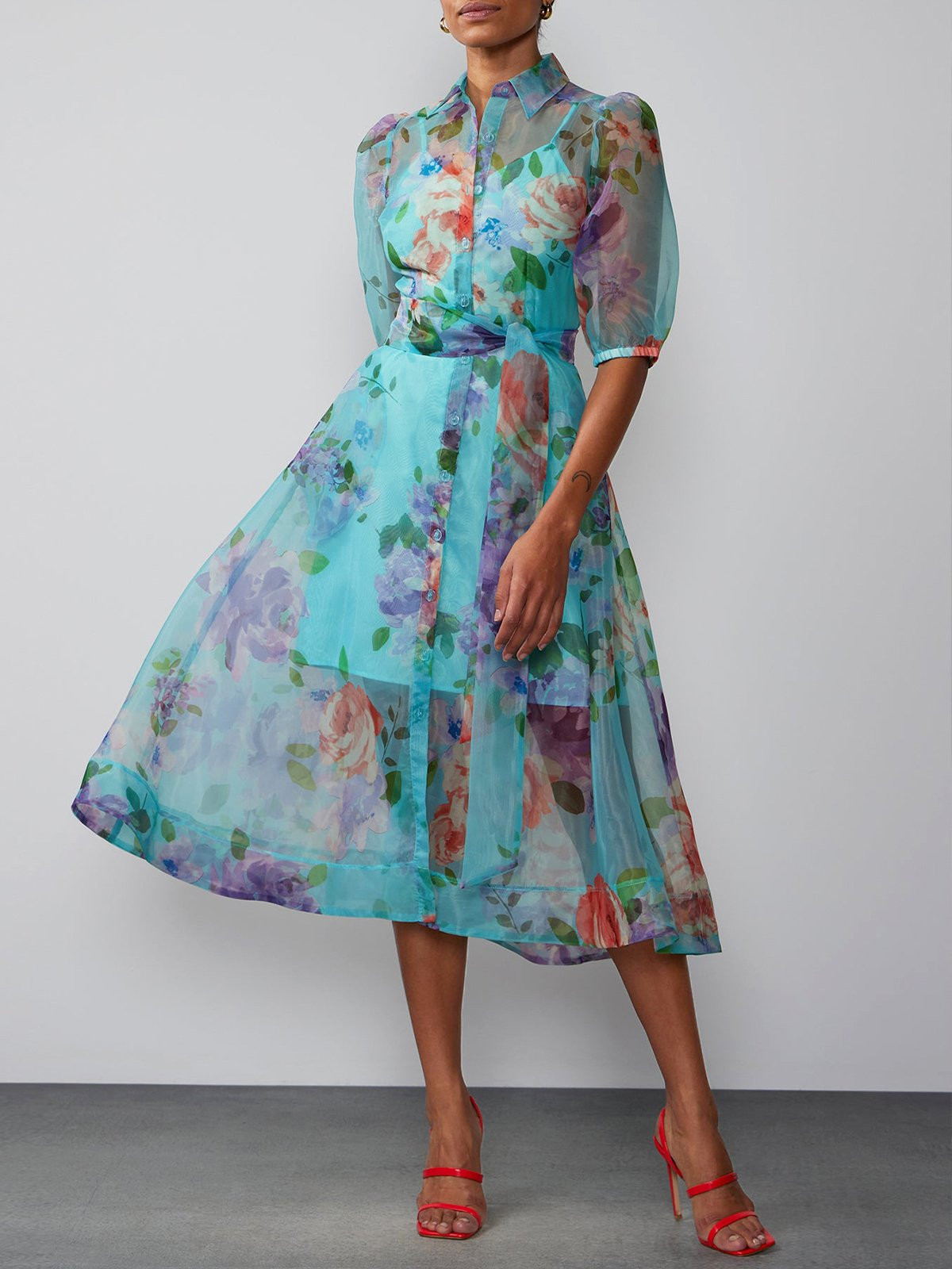 Women Floral Summer Vacation High Waist Micro-Elasticity Midi Half Sleeve X-Line Shirt Dress | Stylewe