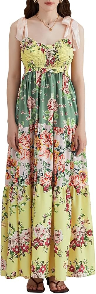 Women Summer Y2k Floral Maxi Dress Tie Shoulder Smocked Long Dress Tiered Flowy Swing A Line Beac... | Amazon (US)
