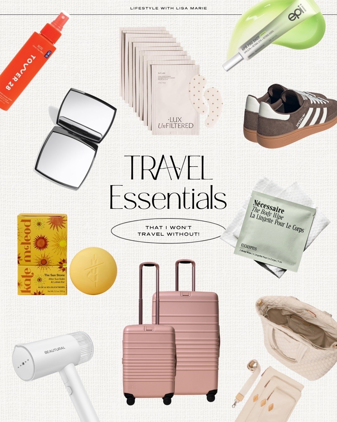 My travel must-haves!! Airport outfits. Travel necessities. Love these eucalyptus wipes when you need to freshen up! Gentle retinoid I use 2-3x a week. Tower28 spray to protect skin from gross airport air. Love this organic cotton wrap you can style 20+ ways. I went down a half size in brown adidas. Waterproof rain jacket that’s easy to pack with cinching waist in size 2. Slouchy denim jacket in XS. New bathroom-friendly jumpsuits in XS petite. Quilted travel bag and my favorite big-girl luggage! Lemon lotion bar.  Foldable steamer. Alo trousers in XXS short. Softest pajama sets in XS. Love these eye patches! My favorite vertical toiletry bags. Rechargeable heating pad. Love these matching sets in XS petite pants and XS top. Alo trousers in XS short. Double sided mirror.

#LTKselfcare #LTKTravel #LTKBeauty