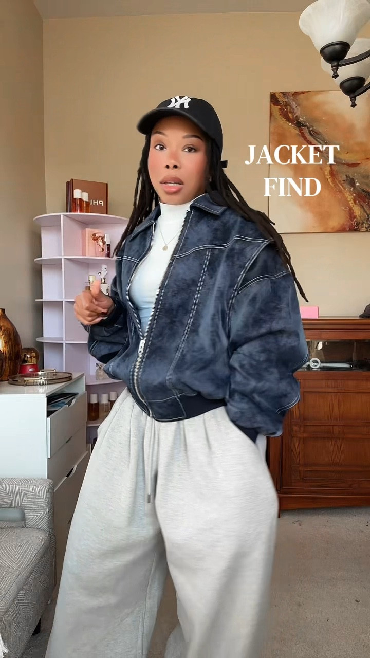 Such a cute jacket by edikted. I love a good oversized bomber jacket. 😍 The exact sweatpants are available on my TikTok. 

#LTKgrwm #LTKPetite #LTKootd