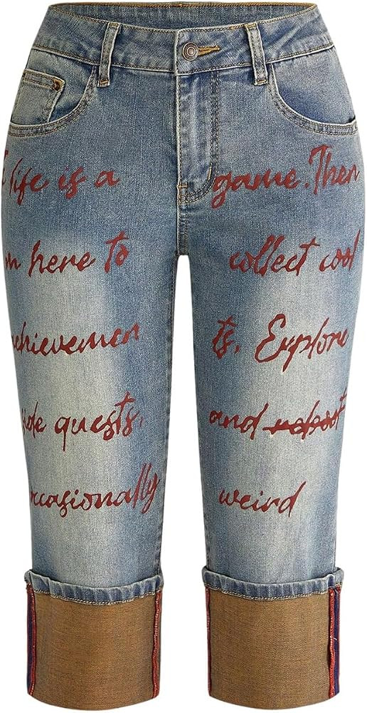 WDIRARA Women's Letter Print Capri Jeans Y2k Low Rise Cuffed Denim Pants | Amazon (US)
