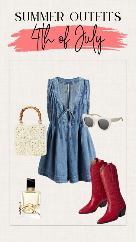 Summer outfit. Fourth of July outfit. Memorial Day weekend outfit. Red cowboy boots. Denim romper. Crochet bag. Summer outfits.

#LTKSaleAlert #LTKSeasonal #LTKGiftGuide